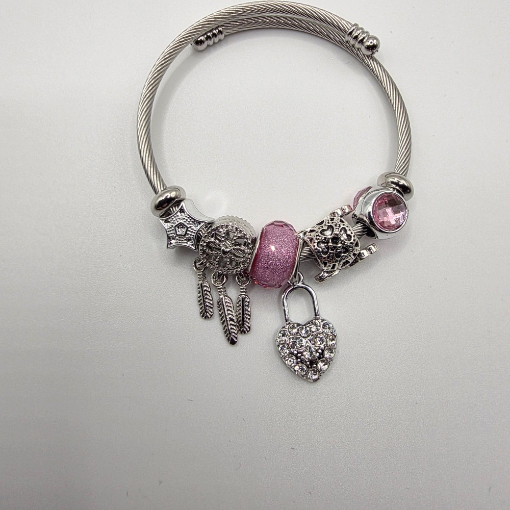 Silver Pink Charm Bracelet Heart‎ Lock Dreamcatcher Cable Wire Bangle Womens